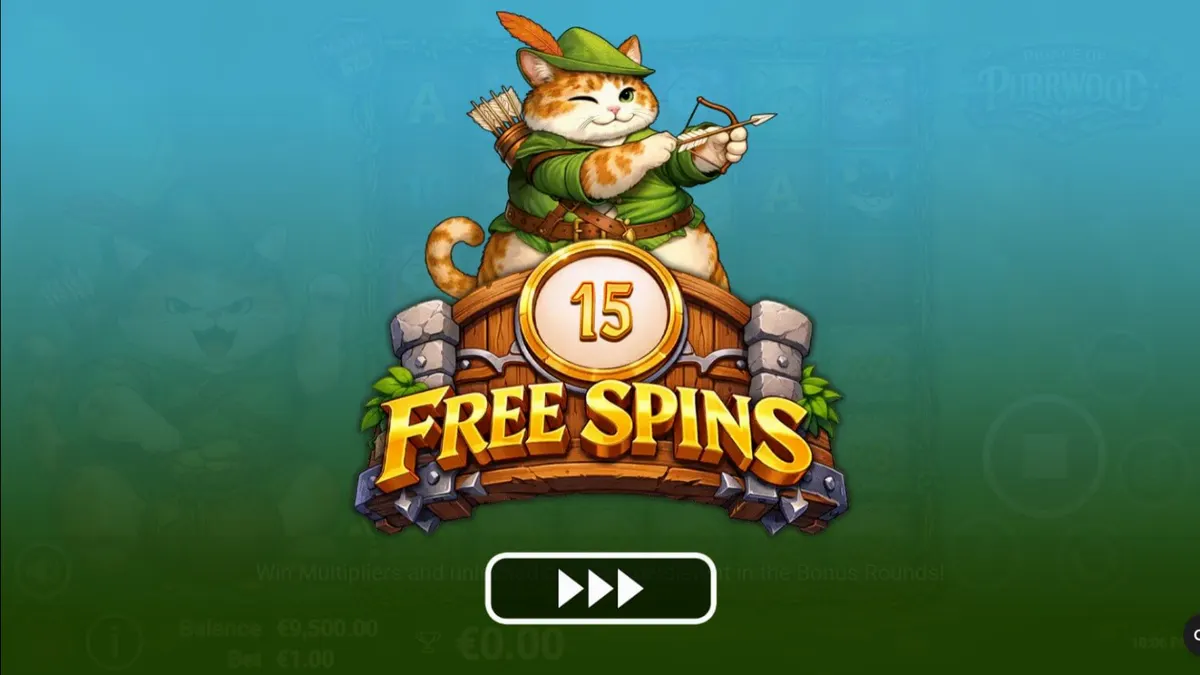 Tampilan antarmuka seluler slot Prince of Purrwood dengan tema hutan dan karakter kucing