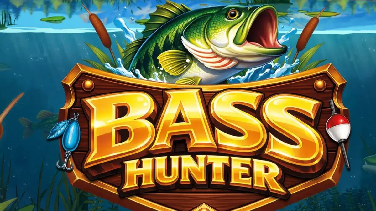 Tampilan visual slot Bass Hunter dengan latar belakang danau Nordik yang tenang dan simbol ikan yang melayang.