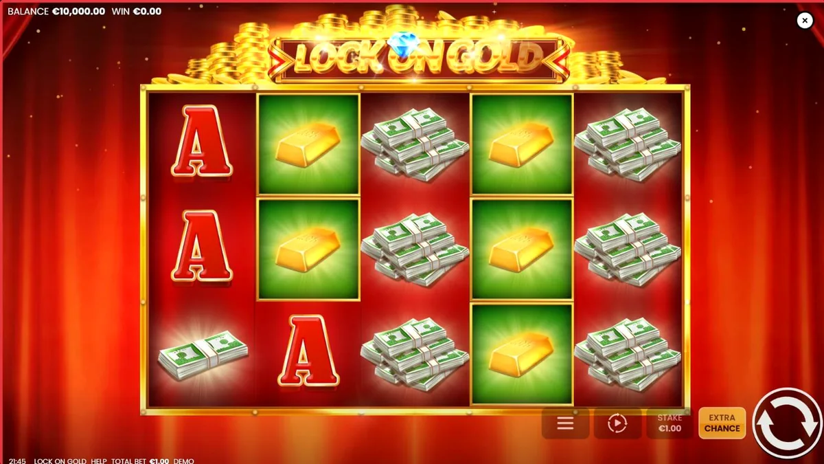 Tampilan visual slot Lock On Gold dengan tema kemewahan dan batangan emas